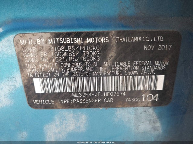 45147233 :رقم المزاد ، ML32F3FJ5JHF07574 vin ، 2018 Mitsubishi Mirage G4 Es مزاد بيع