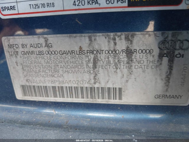 Aukcja sprzedaży 2008 Audi A3 2.0t, vin: WAUNF78P98A102074, numer aukcji: 45147237