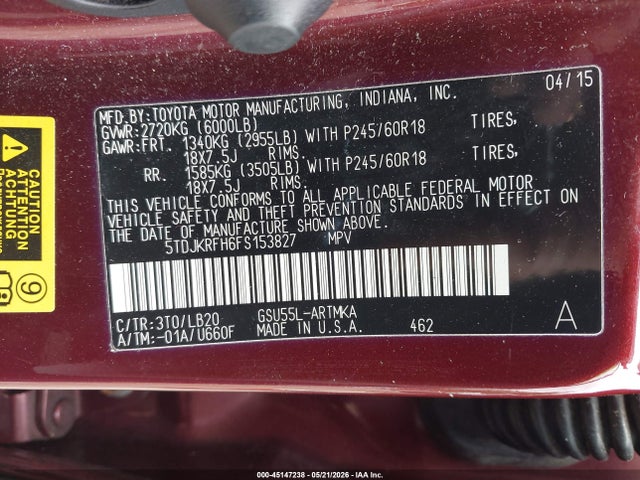45147238 :رقم المزاد ، 5TDJKRFH6FS153827 vin ، 2015 Toyota Highlander Xle V6 مزاد بيع