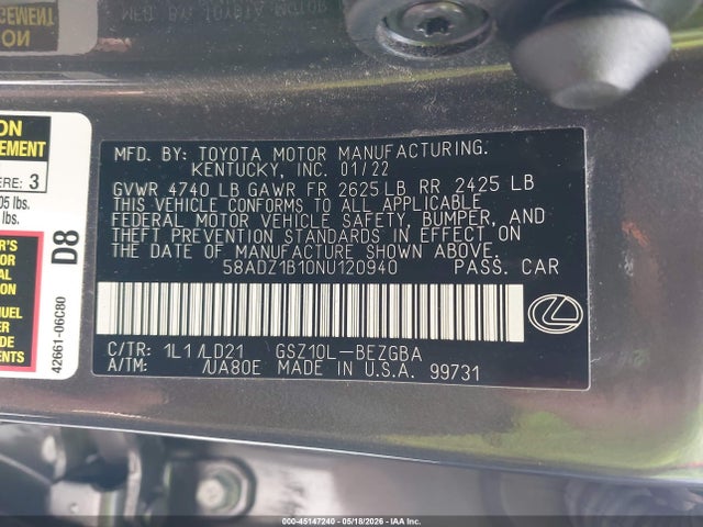 45147240 :رقم المزاد ، 58ADZ1B10NU120940 vin ، 2022 Lexus Es 350 مزاد بيع