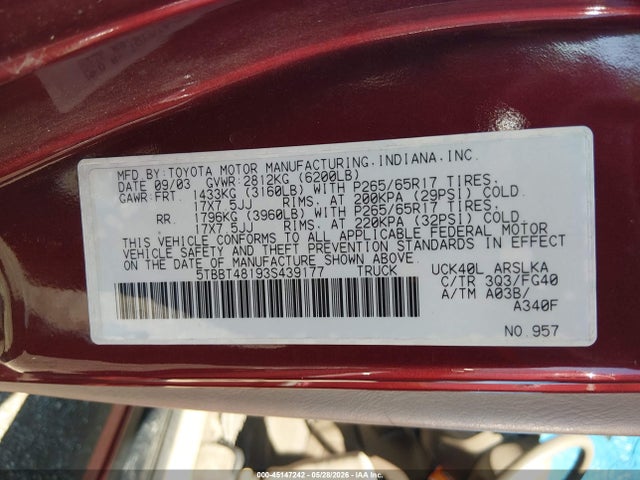 Aukcja sprzedaży 2003 Toyota Tundra Ltd V8, vin: 5TBBT48193S439177, numer aukcji: 45147242
