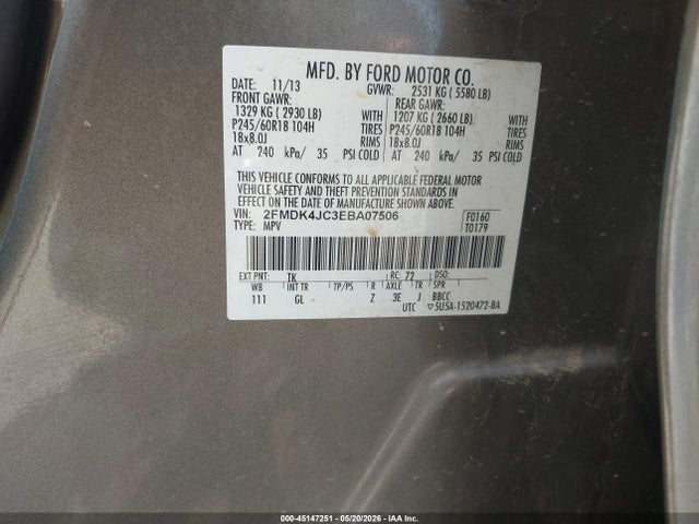 45147251 :رقم المزاد ، 2FMDK4JC3EBA07506 vin ، 2014 Ford Edge Sel مزاد بيع