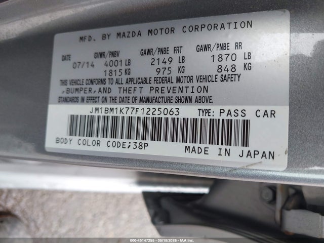 Aukcja sprzedaży 2015 Mazda Mazda3 I Sport, vin: JM1BM1K77F1225063, numer aukcji: 45147255