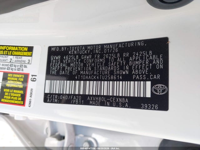 Продаж на аукціоні авто 2026 Toyota Camry Le, vin: 4T1DAACK4TU258614, номер лоту: 45147256