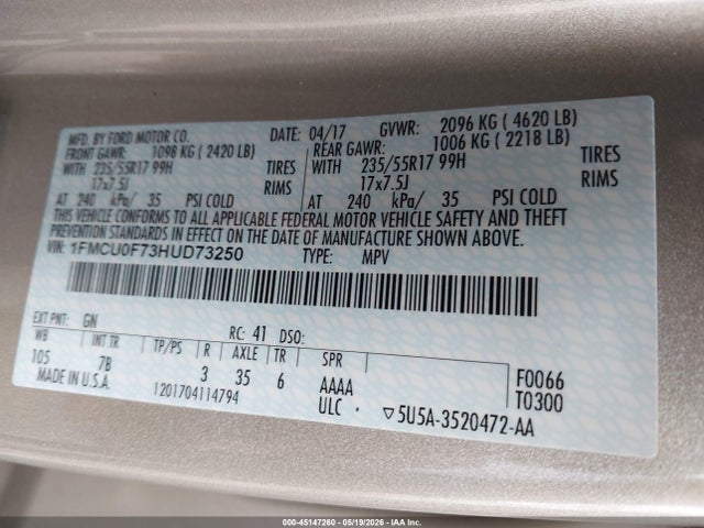 Продажа на аукционе авто 2017 Ford Escape S, vin: 1FMCU0F73HUD73250, номер лота: 45147260