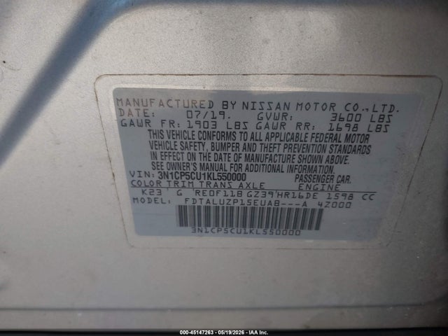 45147263 :رقم المزاد ، 3N1CP5CU1KL550000 vin ، 2019 Nissan Kicks Sr مزاد بيع
