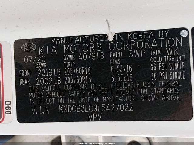 45147278 :رقم المزاد ، KNDCB3LC9L5427022 vin ، 2020 Kia Niro Lx مزاد بيع