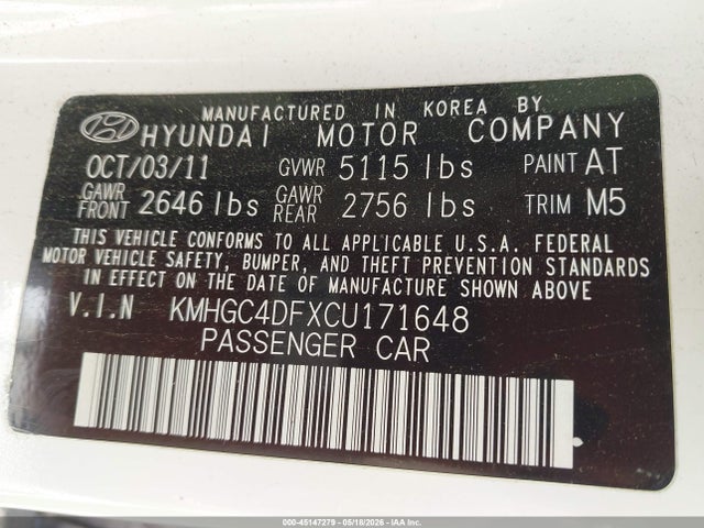 2012 Hyundai Genesis 4.6 მანქანა იყიდება აუქციონზე, vin: KMHGC4DFXCU171648, აუქციონის ნომერი: 45147279