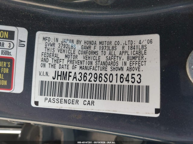 45147281 :رقم المزاد ، JHMFA36296S016453 vin ، 2006 Honda Civic Hybrid مزاد بيع