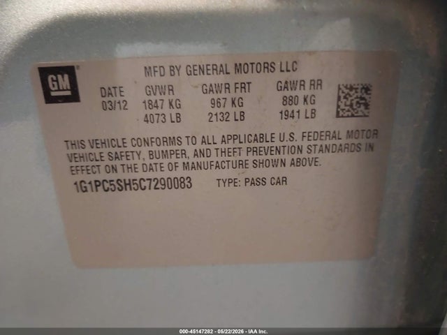Продажа на аукционе авто 2012 Chevrolet Cruze Ls, vin: 1G1PC5SH5C7290083, номер лота: 45147282