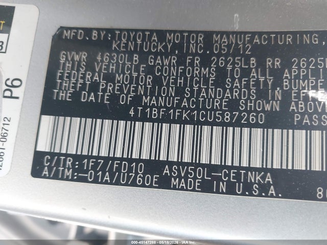 Aukcja sprzedaży 2012 Toyota Camry Le, vin: 4T1BF1FK1CU587260, numer aukcji: 45147288