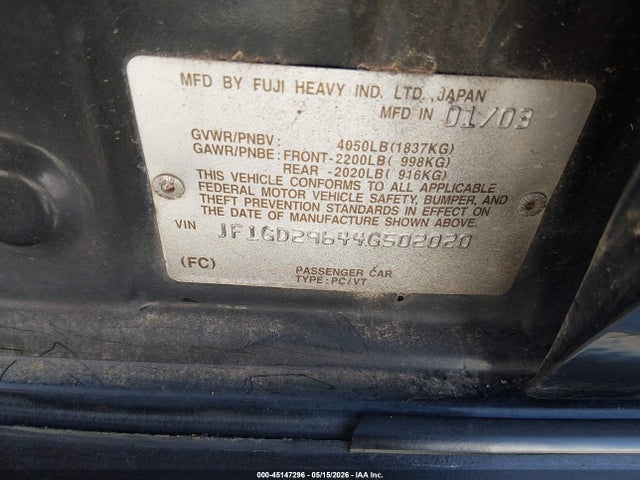 2004 Subaru Impreza Wrx მანქანა იყიდება აუქციონზე, vin: JF1GD29644G502020, აუქციონის ნომერი: 45147296