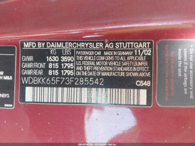 45147298 :رقم المزاد ، WDBKK65F73F285542 vin ، 2003 Mercedes-benz Slk 320 مزاد بيع