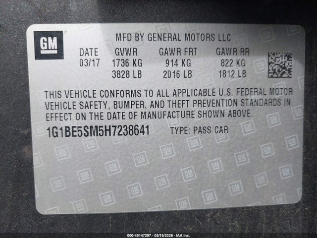 Продаж на аукціоні авто 2017 Chevrolet Cruze Lt Auto, vin: 1G1BE5SM5H7238641, номер лоту: 45147297