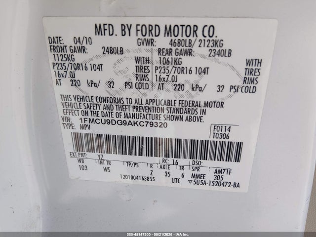 Aukcja sprzedaży 2010 Ford Escape Xlt, vin: 1FMCU9DG9AKC79320, numer aukcji: 45147300