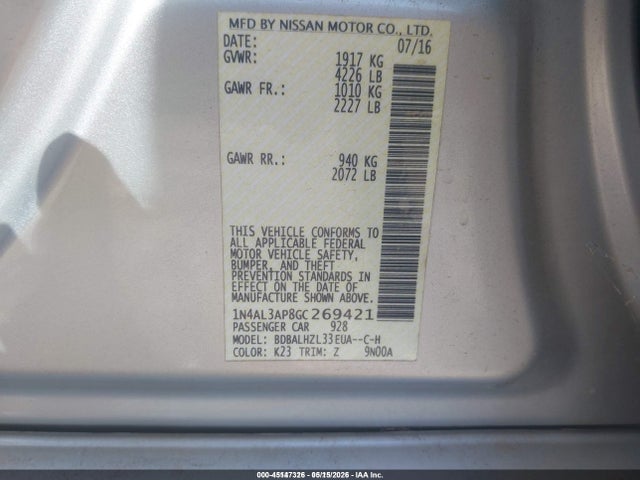 Aukcja sprzedaży 2016 Nissan Altima 2.5 Sr, vin: 1N4AL3AP8GC269421, numer aukcji: 45147326