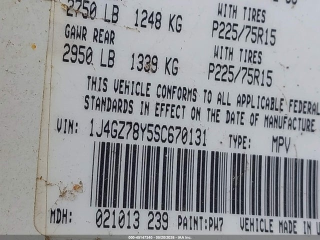 45147340 :رقم المزاد ، 1J4GZ78Y5SC670131 vin ، 1995 Jeep Grand Cherokee Limited/orvis مزاد بيع