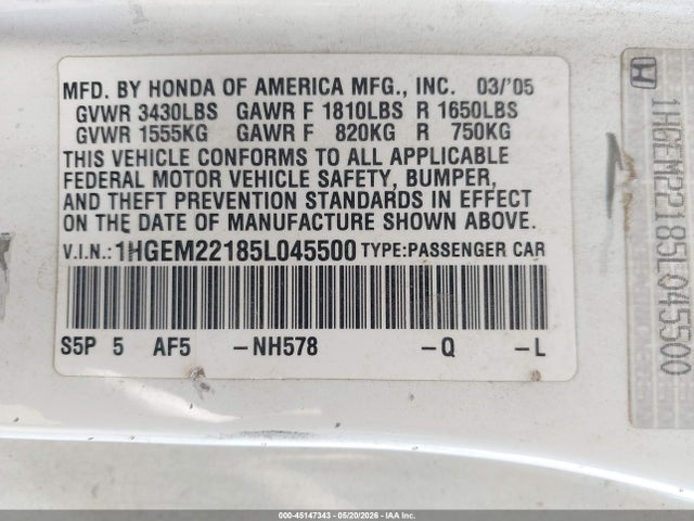 Продажа на аукционе авто 2005 Honda Civic Vp, vin: 1HGEM22185L045500, номер лота: 45147343