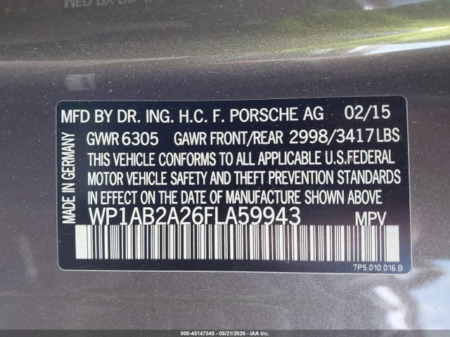 45147345 :رقم المزاد ، WP1AB2A26FLA59943 vin ، 2015 Porsche Cayenne S مزاد بيع