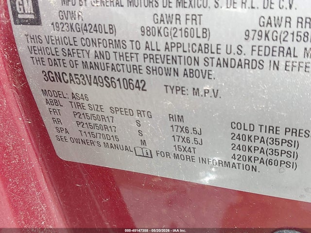 2009 Chevrolet Hhr Lt მანქანა იყიდება აუქციონზე, vin: 3GNCA53V49S610642, აუქციონის ნომერი: 45147358