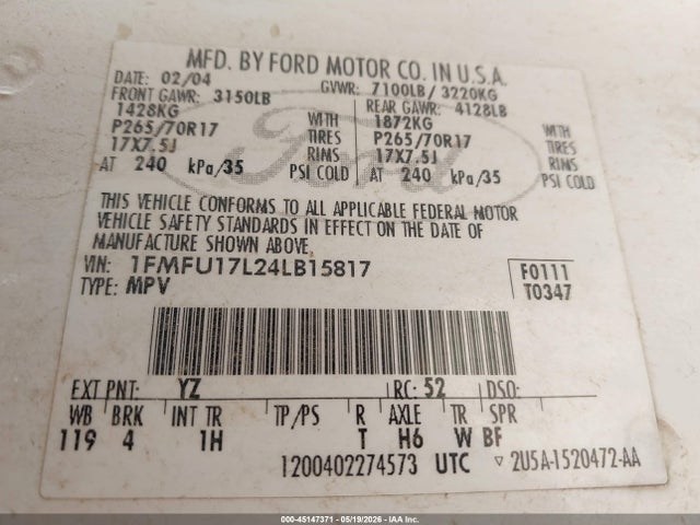 2004 Ford Expedition Eddie Bauer მანქანა იყიდება აუქციონზე, vin: 1FMFU17L24LB15817, აუქციონის ნომერი: 45147371
