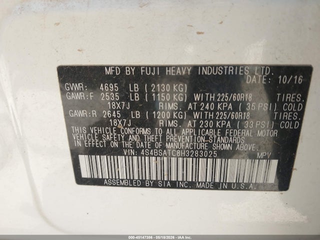 Продаж на аукціоні авто 2017 Subaru Outback 2.5i Touring, vin: 4S4BSATC8H3283025, номер лоту: 45147386