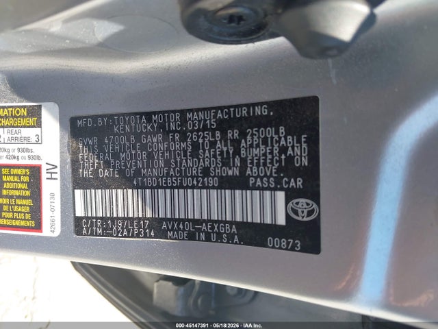 45147391 :رقم المزاد ، 4T1BD1EB5FU042190 vin ، 2015 Toyota Avalon Hybrid Limited/xle Premium/xle Touring مزاد بيع