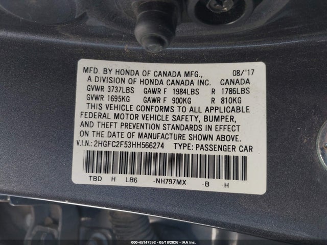Aukcja sprzedaży 2017 Honda Civic Lx, vin: 2HGFC2F53HH566274, numer aukcji: 45147392