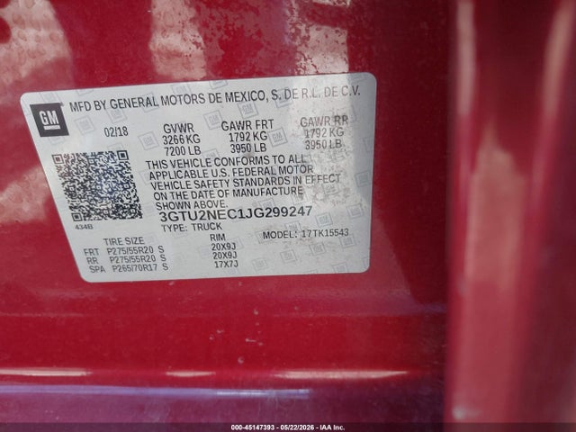 Aukcja sprzedaży 2018 Gmc Sierra 1500 Slt, vin: 3GTU2NEC1JG299247, numer aukcji: 45147393