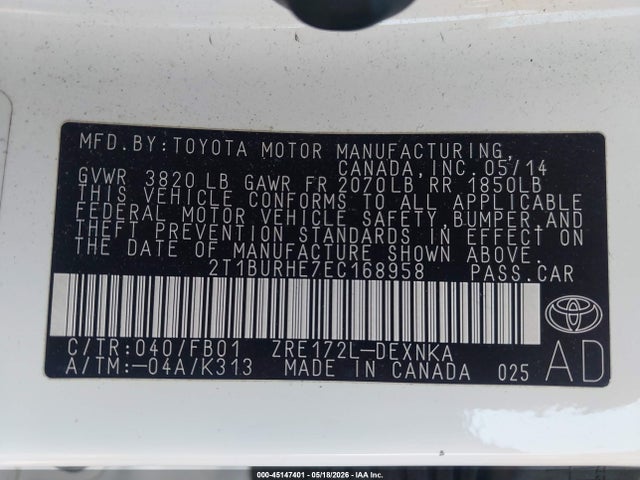Продаж на аукціоні авто 2014 Toyota Corolla Le, vin: 2T1BURHE7EC168958, номер лоту: 45147401