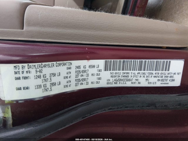 2003 Jeep Grand Cherokee Limited მანქანა იყიდება აუქციონზე, vin: 1J4GW58NX3C560647, აუქციონის ნომერი: 45147405