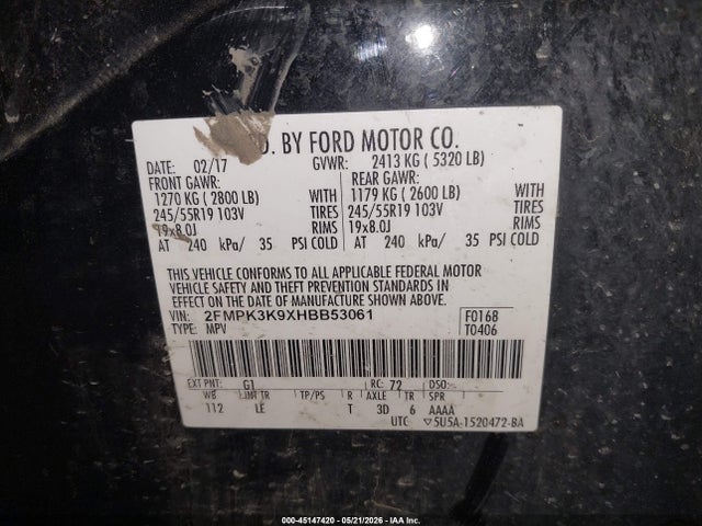 Продаж на аукціоні авто 2017 Ford Edge Titanium, vin: 2FMPK3K9XHBB53061, номер лоту: 45147420