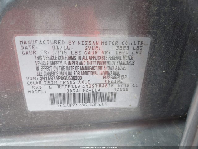 3N1AB7AP8GL639200 Nissan Sentra Fe+ S/s/sl/sr/sv