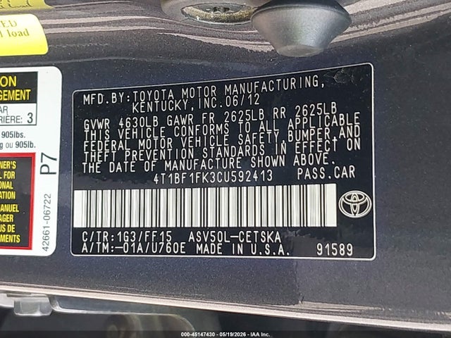 2012 Toyota Camry Se მანქანა იყიდება აუქციონზე, vin: 4T1BF1FK3CU592413, აუქციონის ნომერი: 45147430