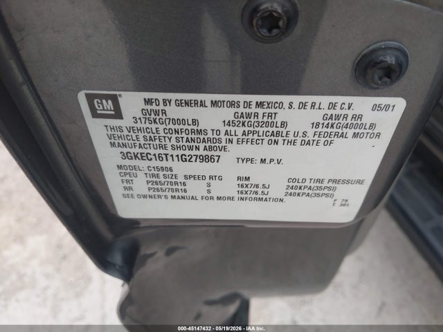 45147432 :رقم المزاد ، 3GKEC16T11G279867 vin ، 2001 Gmc Yukon Xl 1500 Slt مزاد بيع