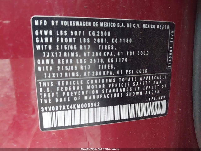 3VV0B7AX4KM005962 Volkswagen Tiguan 2.0t S