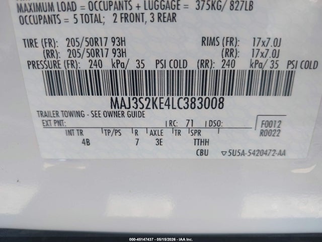 45147437 :رقم المزاد ، MAJ3S2KE4LC383008 vin ، 2020 Ford Ecosport Titanium مزاد بيع