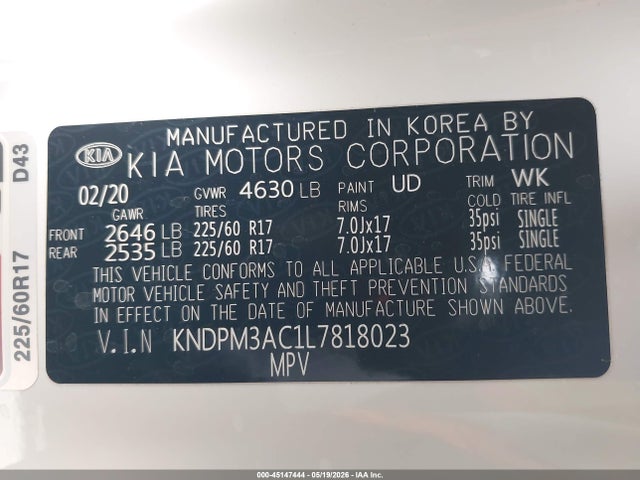 Aukcja sprzedaży 2020 Kia Sportage Lx, vin: KNDPM3AC1L7818023, numer aukcji: 45147444