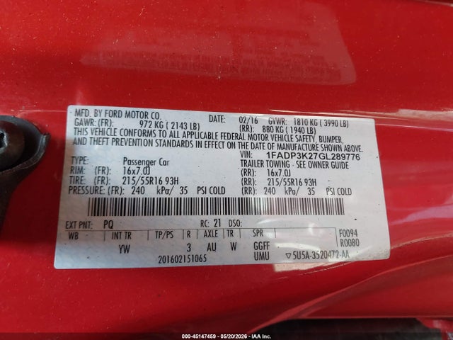 Продажа на аукционе авто 2016 Ford Focus Se, vin: 1FADP3K27GL289776, номер лота: 45147459