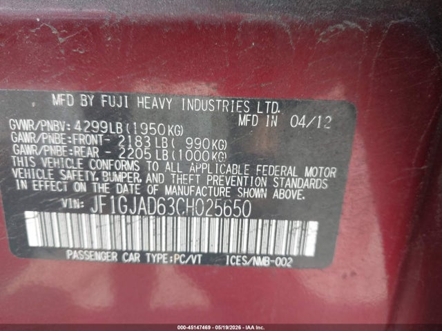 2012 Subaru Impreza 2.0i Premium მანქანა იყიდება აუქციონზე, vin: JF1GJAD63CH025650, აუქციონის ნომერი: 45147469