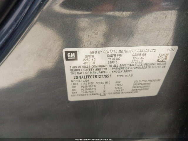 2011 Chevrolet Equinox Ltz მანქანა იყიდება აუქციონზე, vin: 2GNALFEC7B1217951, აუქციონის ნომერი: 45147470