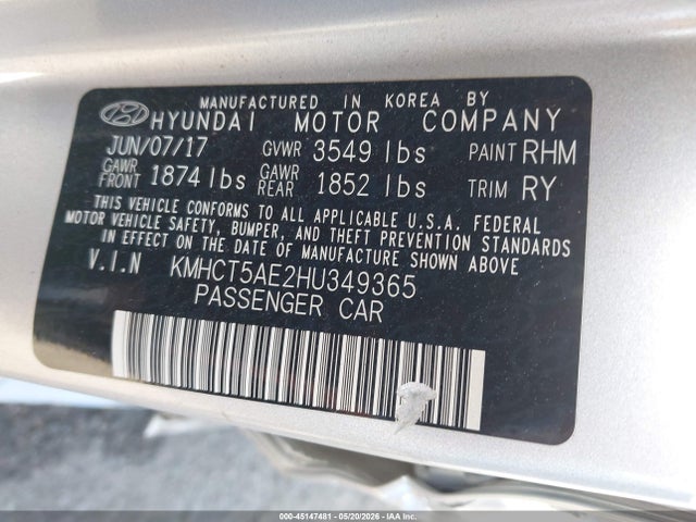KMHCT5AE2HU349365 Hyundai ACCENT SE