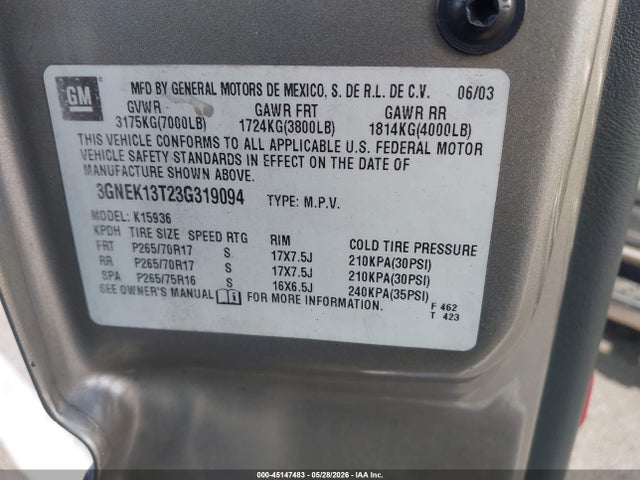 45147483 :رقم المزاد ، 3GNEK13T23G319094 vin ، 2003 Chevrolet Avalanche 1500 مزاد بيع