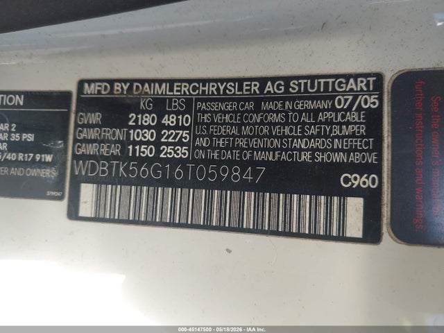 Aukcja sprzedaży 2006 Mercedes-benz Clk 350, vin: WDBTK56G16T059847, numer aukcji: 45147500