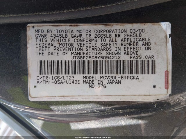 Aukcja sprzedaży 2000 Lexus Es 300, vin: JT8BF28G8Y5094212, numer aukcji: 45147505