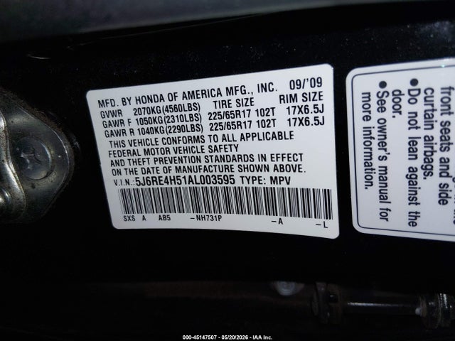 45147507 :رقم المزاد ، 5J6RE4H51AL003595 vin ، 2010 Honda Cr-v Ex مزاد بيع