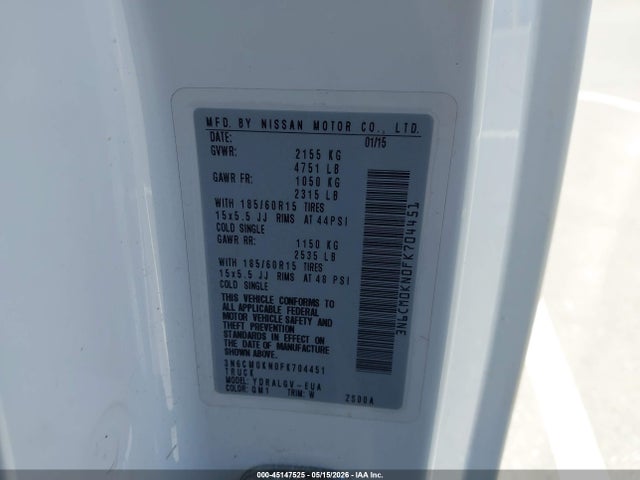 45147525 :رقم المزاد ، 3N6CM0KN0FK704451 vin ، 2015 Nissan Nv200 Sv مزاد بيع