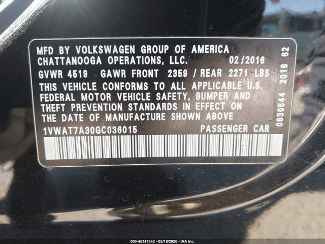 Продаж на аукціоні авто 2016 Volkswagen Passat 1.8t R-line, vin: 1VWAT7A30GC036015, номер лоту: 45147542