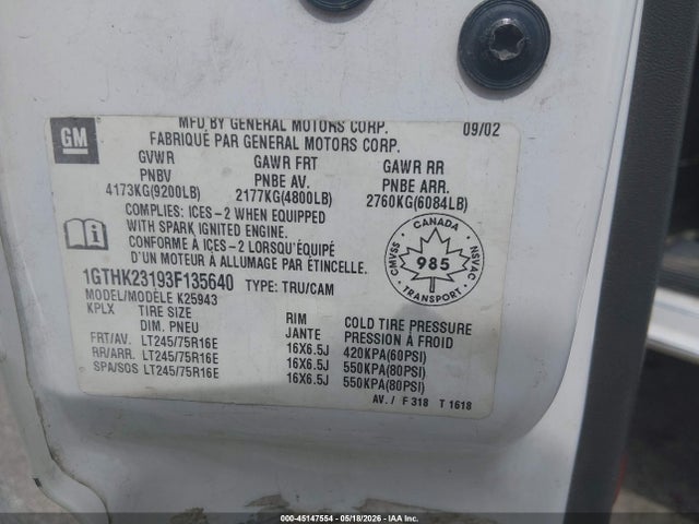 45147554 :رقم المزاد ، 1GTHK23193F135640 vin ، 2003 Gmc Sierra 2500hd Sle/slt مزاد بيع