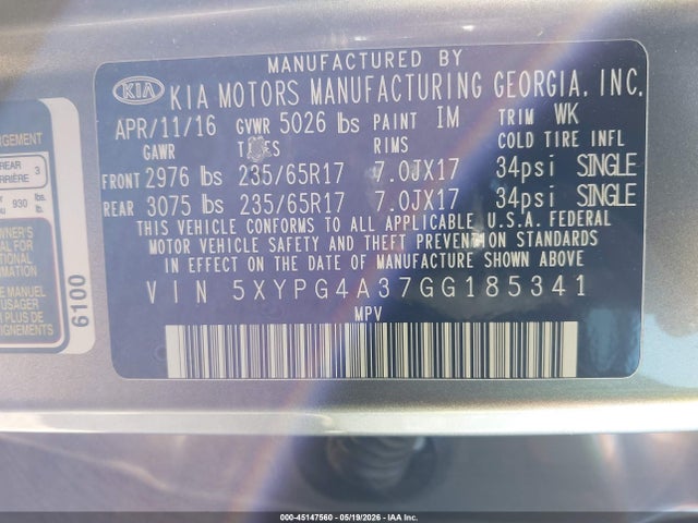Aukcja sprzedaży 2016 Kia Sorento 2.4l Lx, vin: 5XYPG4A37GG185341, numer aukcji: 45147560